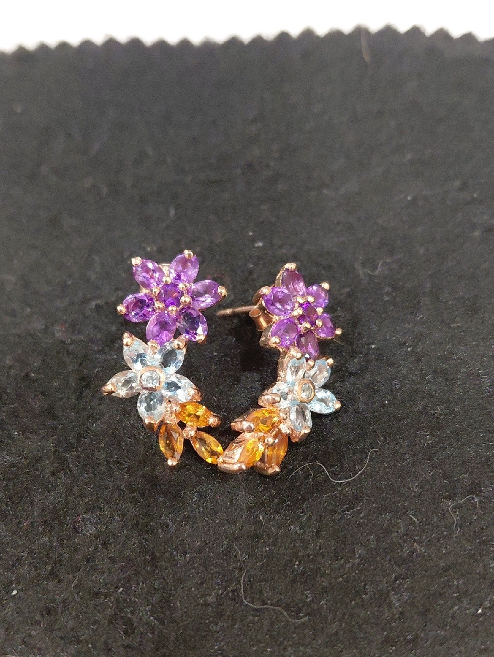 Floral Multi-Gem Cluster Climbing Post Earrings -Amethyst, Blue Topaz & Citrine.